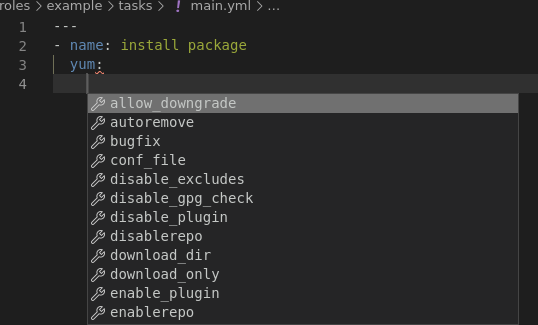 VSCode yum module options